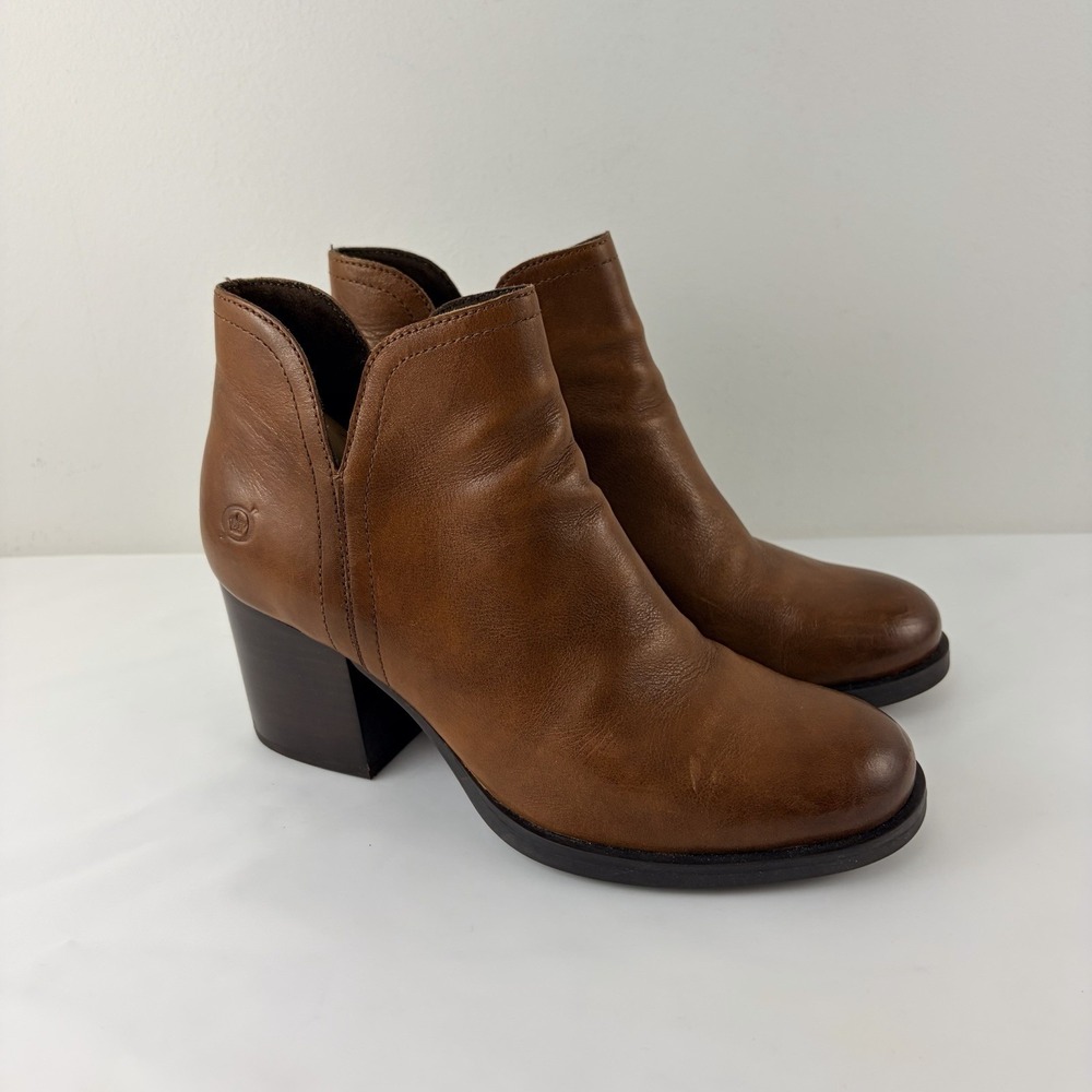 Born Women Brown Leather Ankle Boots Block Heel Side Zip Size 6.5M